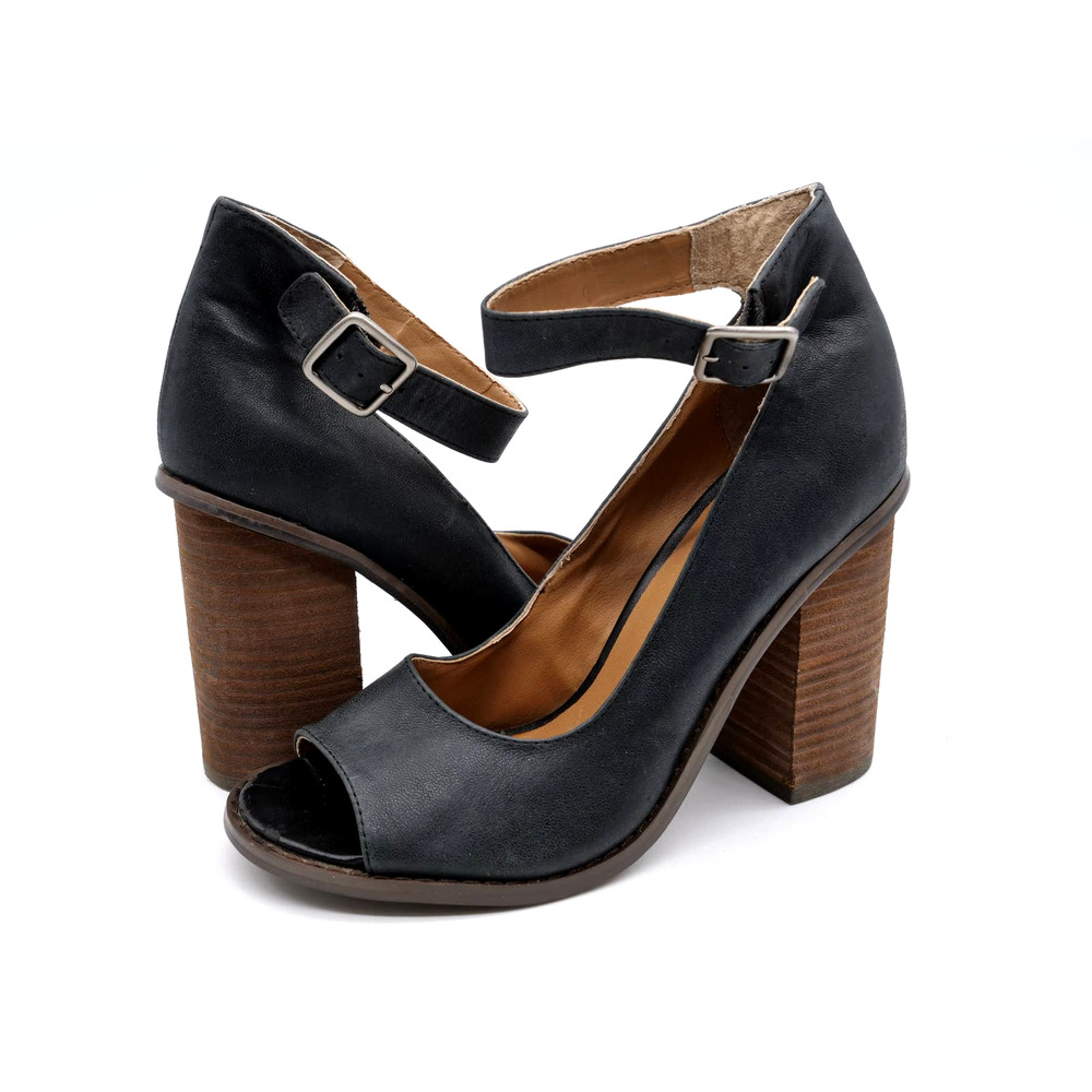 Kelsi Dagger Block Heel Pumps Womens 8.5 Black Leather Ankle Strap Peep Toe Heel